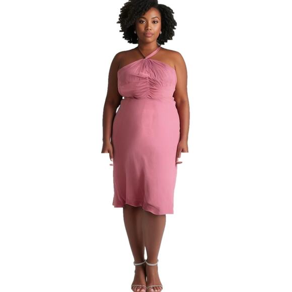 Vintage Y2K Anne Klein Plus Size 16 Silk Halter Dress Soft Powder Pink Ruched - Picture 2 of 11